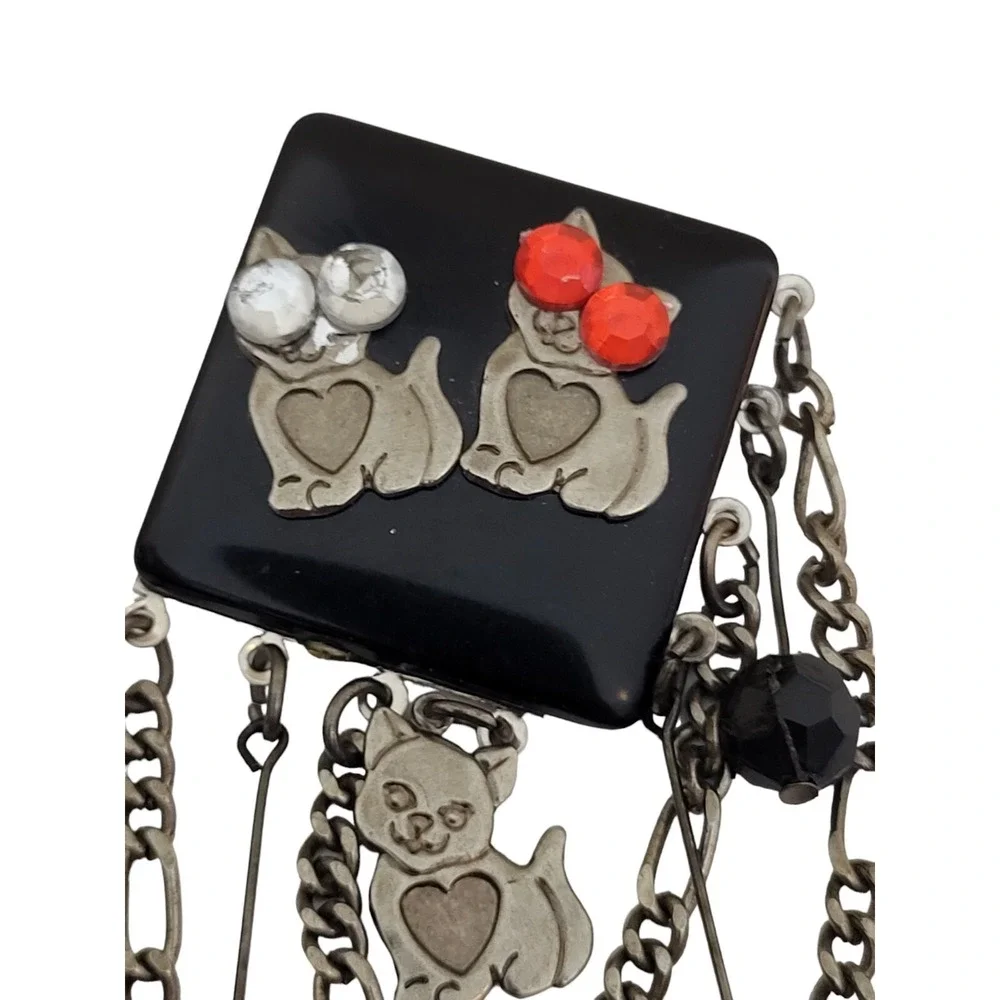 Vintage Art Deco Style Cats Dangle Brooch Pin Rhinestone Cat Eyes‎ Chain Beaded
